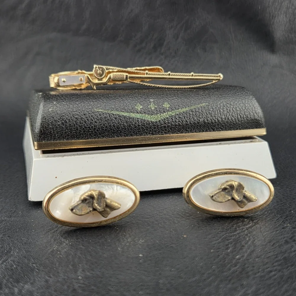 Anson Dog Labrador Cufflinks Mother Pearl Fishing Pole Tie Clip Tack Vintage